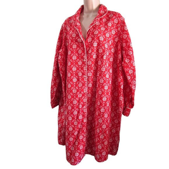 Lands End Red White Snowflake Flannel Button Up Nightshirt GUC Ladies 1X Long - Picture 2 of 16